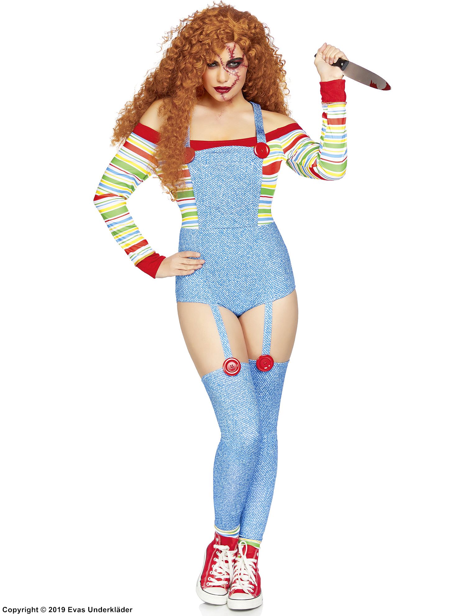 Female Chucky from Child's Play, teddy costume, off shoulder, buttons, colorful stripes